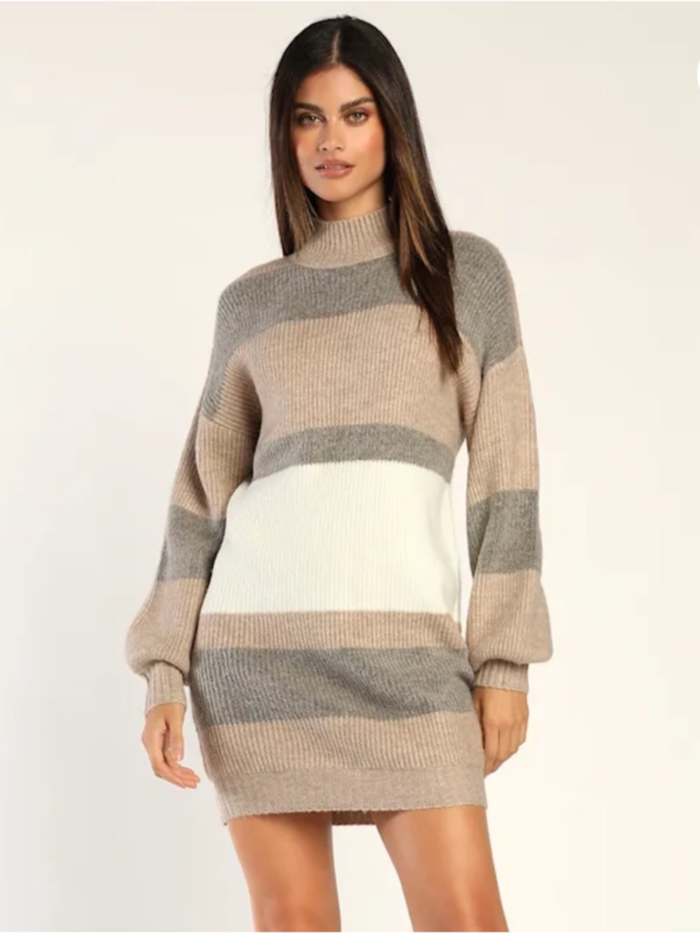 Lulu's Neutral Striped Turtleneck Sweater Dress in Beige, Gray & White